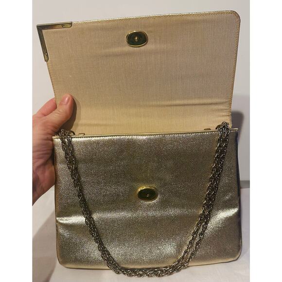 Vintage Metallic Gold Evening Clutch/Purse Gold Chain Shoulder Strap letter “FRH - Picture 6 of 12